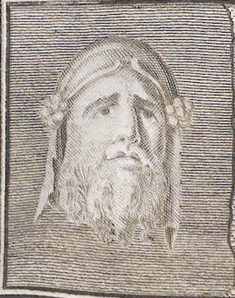 Villa dei Papiri, Herculaneum. Painted plaster fresco of head of Silenus. Now in Naples Archaeological Museum. Inventory number 8821A.
See Antichità di Ercolano: Tomo Quarto: Le Pitture 4, 1765, p. 17.